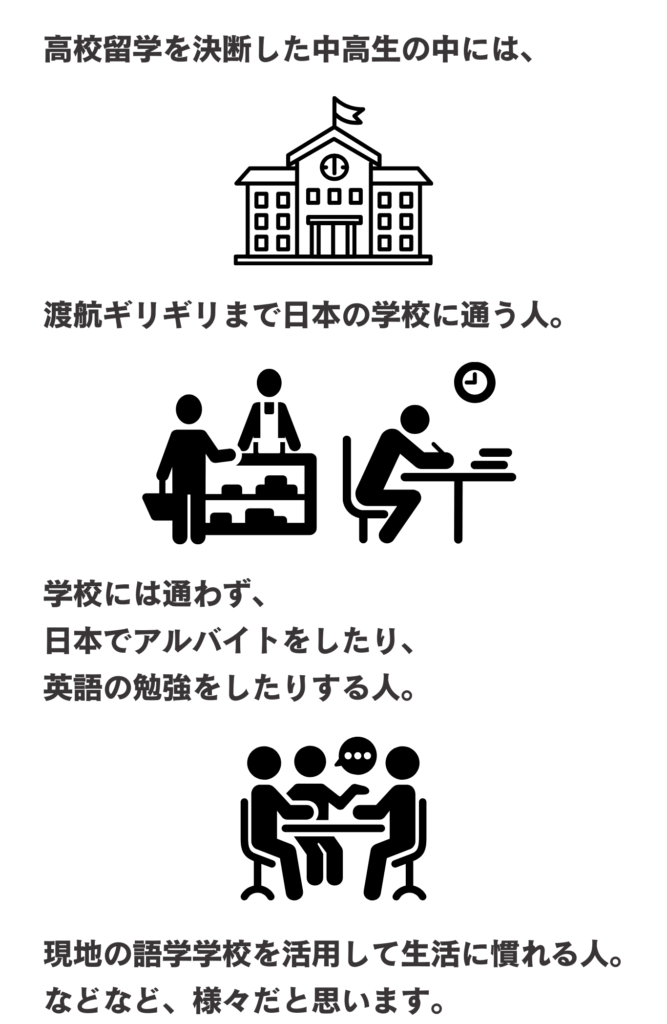 高校留学を決断した中高生の中には、渡航ギリギリまで日本の学校に通う人。学校には通わず、日本でアルバイトをしたり、英語の勉強をしたりする人。現地の語学学校を活用して生活に慣れる人。などなど、様々だと思います。
