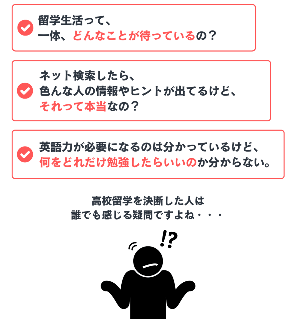 留学前の疑問「留学生活って、一体、どんなことが待っているの？」「英語力が必要になるのは分かっているけど、何をどれだけ勉強したらいいのか分からない。」
「ネット検索したら、色んな人の情報やヒントが出てるけど、それって本当なの？」
高校留学を決断した人は、誰でも感じる疑問ですよね・・・